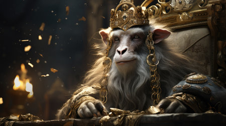 Lion king sitting in a throne with a crown on his headの素材