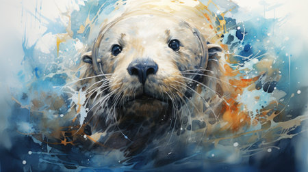 a seal in the blue watercolor background.の素材
