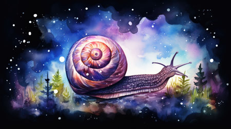 Watercolor Garden snail in the starry night.の素材