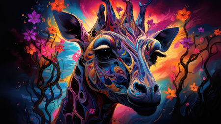 Giraffe with flowers in the forest.の素材