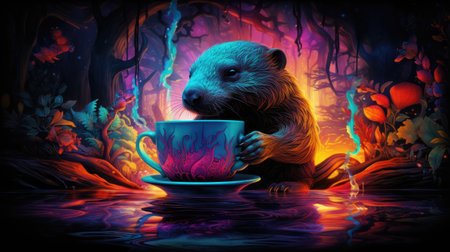 Cup of tea with a bear on the background of a fantasy landscapeの素材