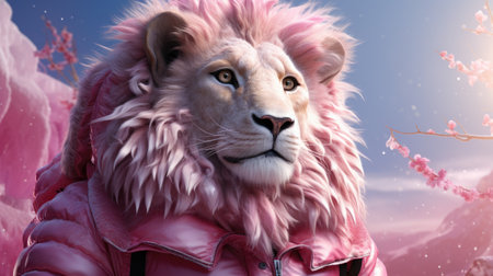Portrait of a lion in a pink coat on a background of snowy mountainsの素材