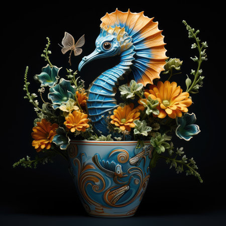 Blue seahorse with flowers in a pot on a black backgroundの素材
