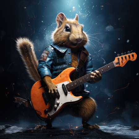 Funny squirrel playing the electric guitar on a dark background with smokeの素材