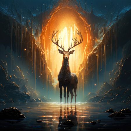 Fantasy scene with a stag in the forest.の素材