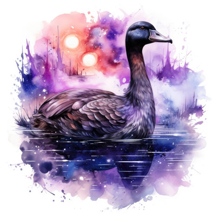 Beautiful watercolor illustration of a duck on the background of the night skyの素材