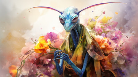 Fantasy illustration of a blue alien with flowers.の素材