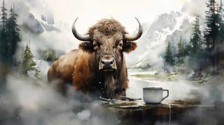 Bison with cup of coffee in the mountains.の素材