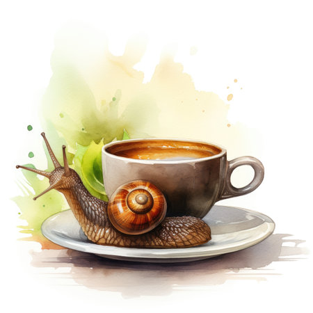 Watercolor Cup of coffee with a snail.の素材