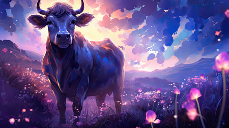 a cow in the meadow with purple flowers.の素材