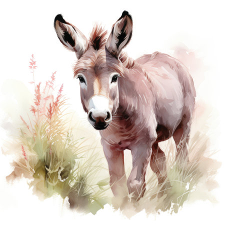 Watercolor portrait of a donkey in a meadow.の素材