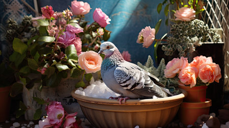 Pigeon sitting on a flower pot with roses in the backgroundの素材