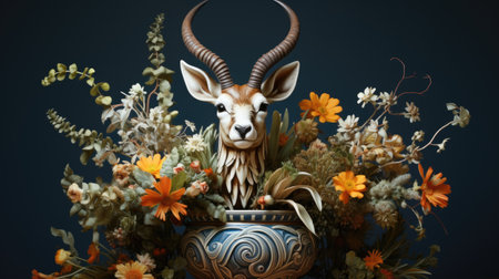 antelope with flowers in vase on dark blue backgroundの素材