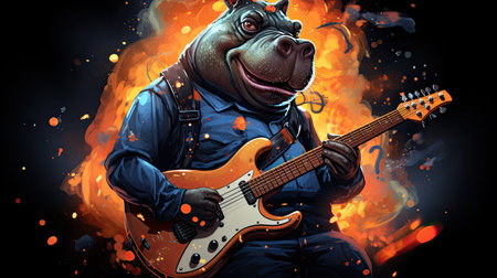 Grunge illustration of a bulldog playing an electric guitar.の素材