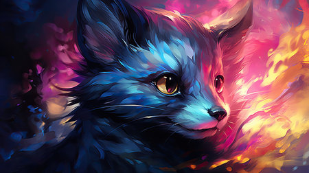 Colorful illustration of a fox head in the fire.の素材