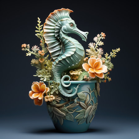Seahorse and flowers in pot on dark backgroundの素材