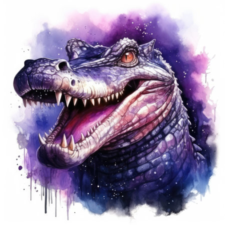 watercolor illustration of a monster with open mouth and sharp teeth on a purple backgroundの素材