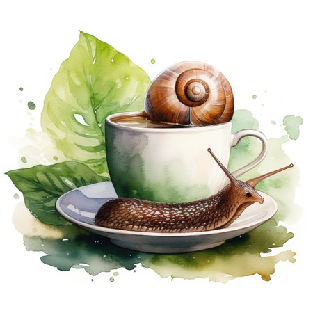 Watercolor Cup of coffee with snail and leaves.の素材