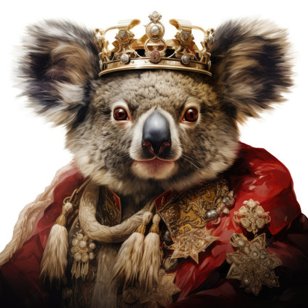 Portrait of a cute koala wearing a crown Isolated on white background.の素材