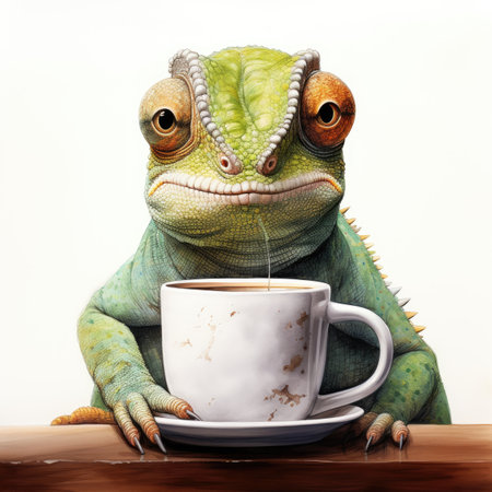 chameleon with a cup of coffee on a white background.の素材