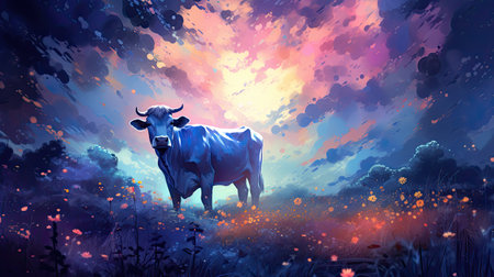 a cow in a meadow with flowers at sunsetの素材
