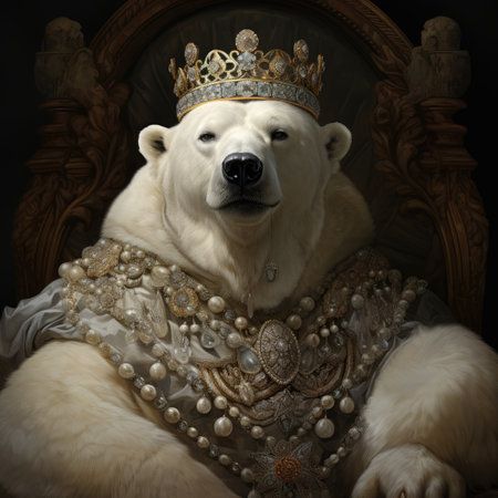 Polar bear king in a crown on a throne.の素材