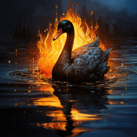 a black swan swimming in the water with a burning backgroundの素材