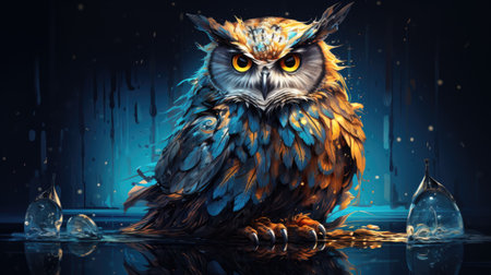 Owl with big eyes sitting on a piece of iceの素材