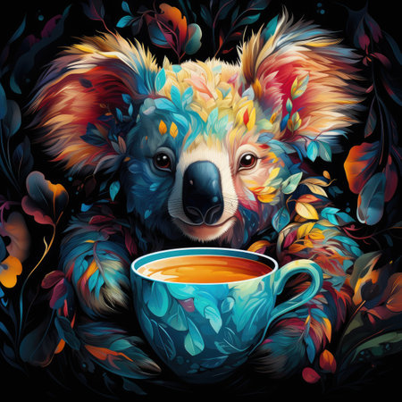 Cup of tea with koala in the autumn forest.の素材