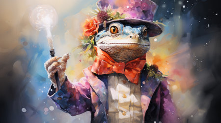 Funny frog in a hat with a cigar in his hand.の素材