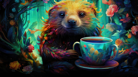 Pomeranian dog with cup of coffee on the background of a flower bedの素材