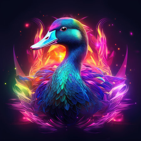 Duck on fire background in neon style.の素材