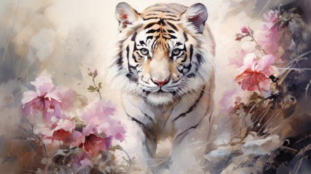 a tiger with flowers in watercolor styleの素材