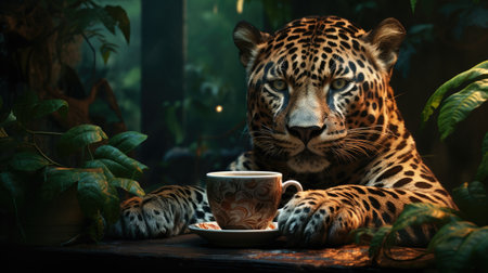 Leopard with a cup of coffee in a cafe. Close-upの素材