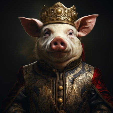 Portrait of a funny pig wearing a crown. Studio shot.の素材