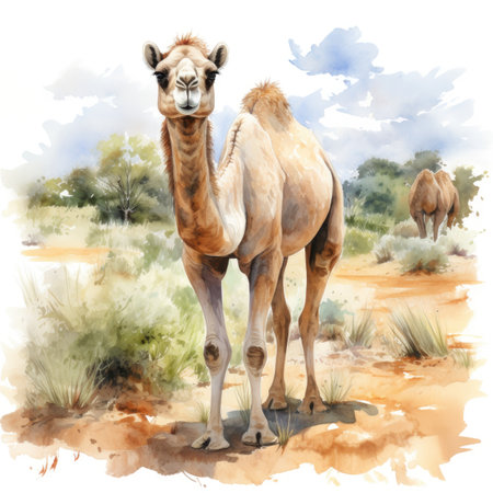 Watercolor camel in the desert.の素材