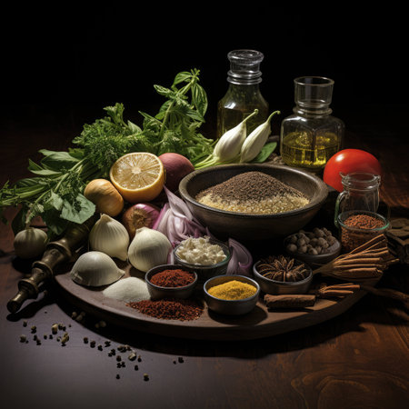 Spices and herbs on a wooden background. Food and cuisine ingredients.の素材