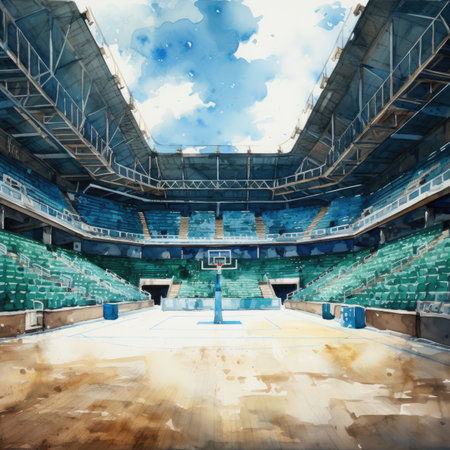 Watercolor empty sports arena with blue and green seatsの素材