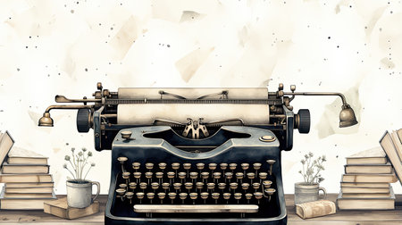 Vintage typewriter on a wooden table with books and flowers.の素材