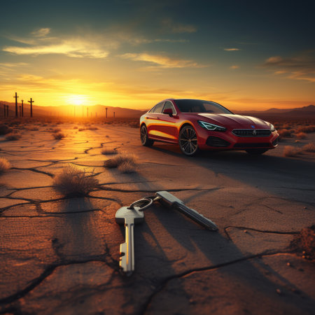 Car with keys in the desert at sunset.の素材