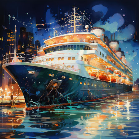 a big cruise ship in the city at night.の素材