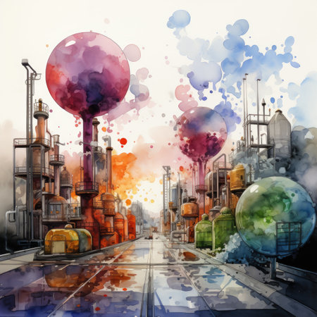 Watercolor industrial landscape with oil and gas refinery plant.の素材