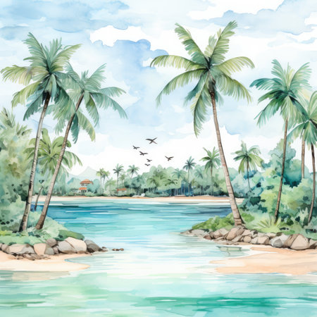 Watercolor Tropical beach with palm trees.の素材
