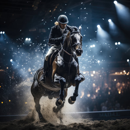 Riding a horse in the arena with lights and smoke on backgroundの素材