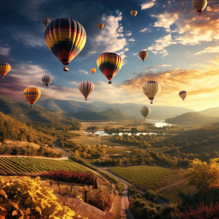 Hot air balloons over vineyards at sunset. Colorful landscape with hot air balloons.の素材