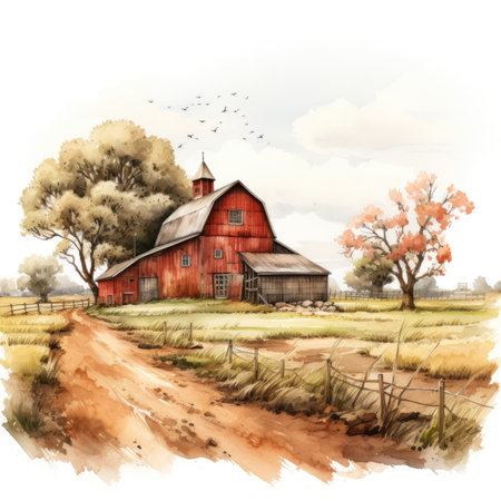 Watercolor rural landscape with old red barn.の素材