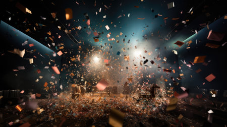 an empty stage with a lot of confettiの素材