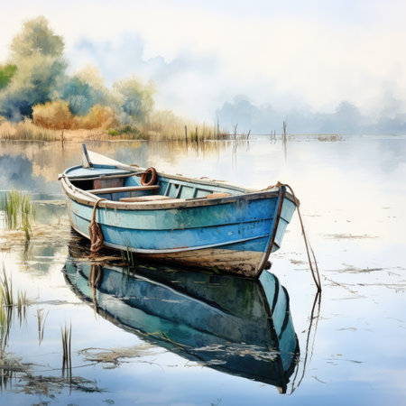 Fishing boat on the lake in foggy morning.の素材