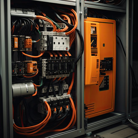 Network switchboard with fiber optic cables and contactors in data centerの素材