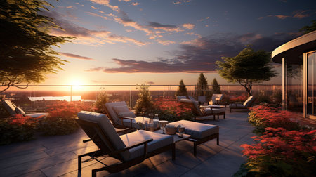 luxury terrace with sea view at sunset.の素材